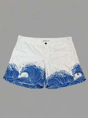 RetroMarine New York Great Wave Print Board Shorts with Anchor Detail